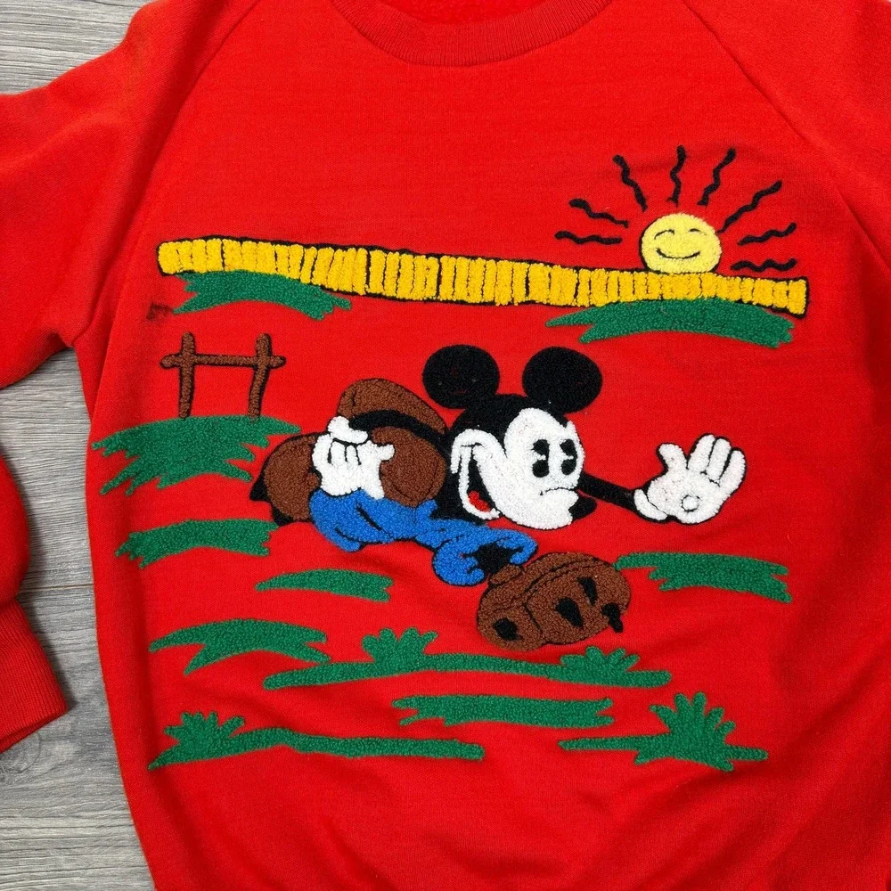 RARE 80s Sunday Comics Mickey‎ Mouse Football Crewneck L Made in Korea Red